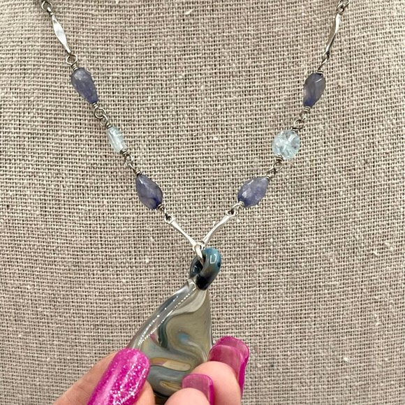 16" HANDBLOWN GLASS PENDANT IN STERLING SILVER WITH LAVENDER AND PALE BLUE GEMS - Picture 4 of 7